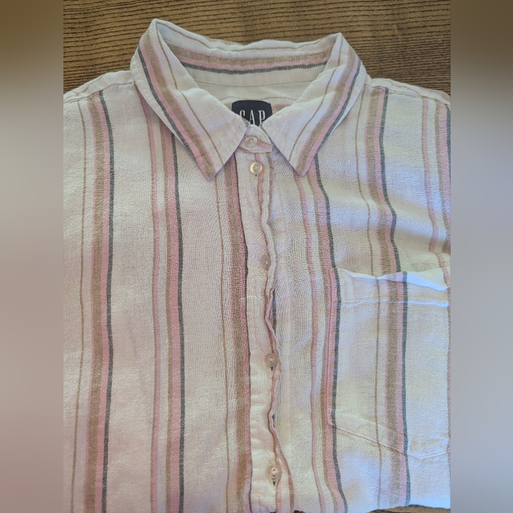 EUC Gap Women's Large Linen Blend Striped Button Down Long Sleeve Shirt Pink